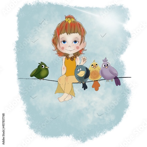 Photography Girl sitting with birds on a rope