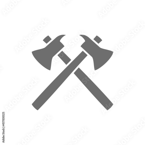 Fire axes, firefighter equipment grey icon. Isolated on white background