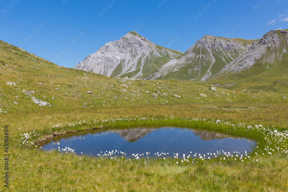 Schiesshorn mountain reflected in lake with blue sky