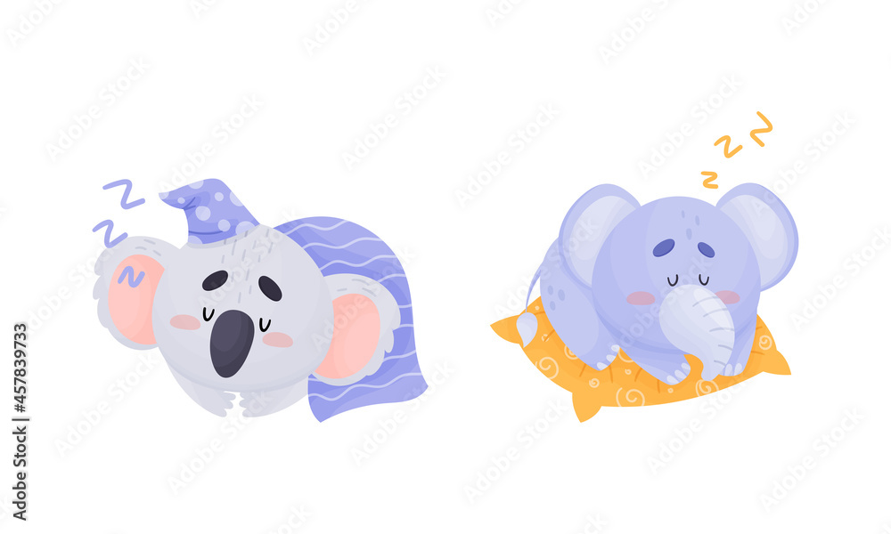 Naklejka premium Cute Animal Character Sleeping on Soft Pillow Under Blanket Vector Set