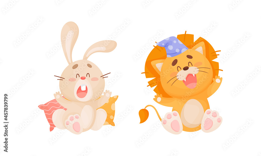 Obraz Cute Animal Character in Night Cap with Soft Pillow Yawning Vector Set