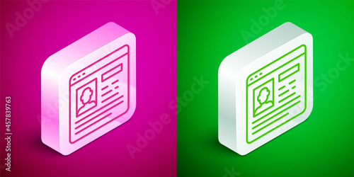 Isometric line Resume icon isolated on pink and green background. CV application. Searching professional staff. Analyzing personnel resume. Silver square button. Vector