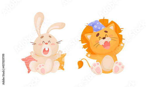 Cute Animal Character in Night Cap with Soft Pillow Yawning Vector Set