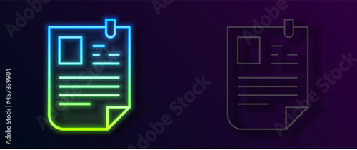 Glowing neon line Resume icon isolated on black background. CV application. Searching professional staff. Analyzing personnel resume. Vector