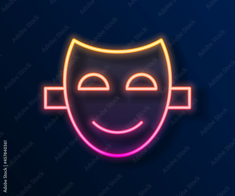 Glowing neon line Comedy theatrical mask icon isolated on black background. Vector Glowing neon line Comedy theatrical mask icon isolated on black background. Vector
