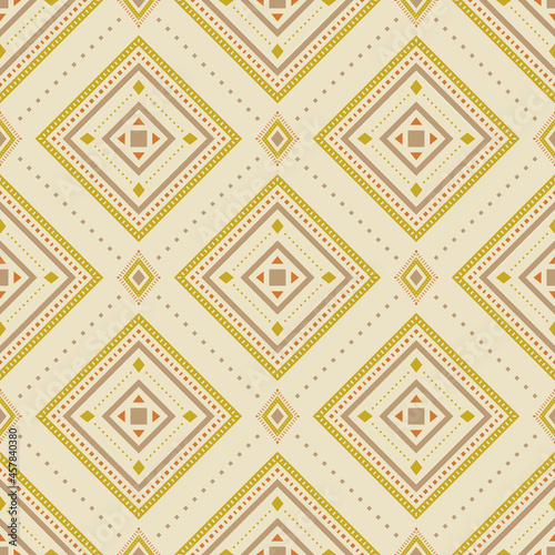 Vector boho seamless pattern. Light sand and green geometric ornate background in ethnic style with rhombuses and squares for fabric, wrapping paper, packaging, wallpaper and scrapbooking
