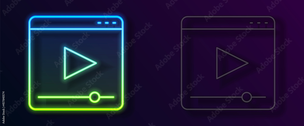 Glowing neon line Online play video icon isolated on black background. Film strip with play sign. Vector Glowing neon line Online play video icon isolated on black background. Film strip with play sign. Vector