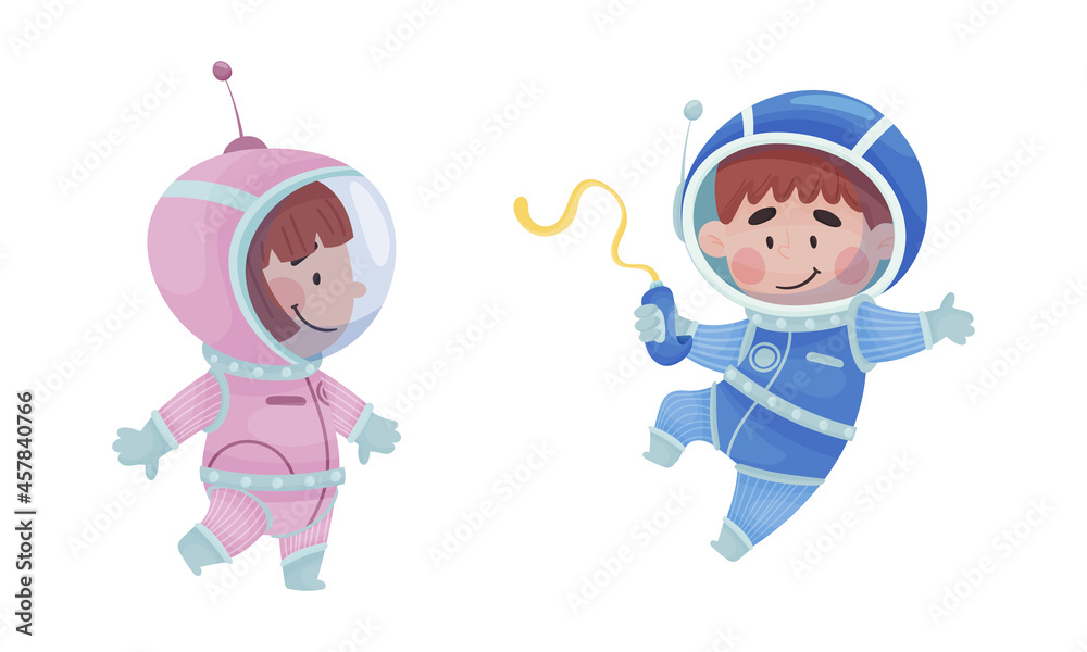 Little Kid Astronaut Wearing Spacesuit Floating Exploring the Moon Vector Set Little Kid Astronaut Wearing Spacesuit Floating Exploring the Moon Vector Set