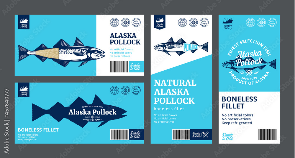 Vector Alaska pollock labels and packaging design concepts. Alaska pollock fish illustrations