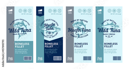 Vector tuna labels and packaging design concepts. Tuna fish illustrations