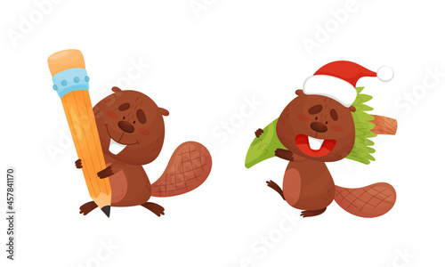 Funny Beaver Character with Flat Tail Holding Huge Pencil and Carrying Fir Tree Vector Set