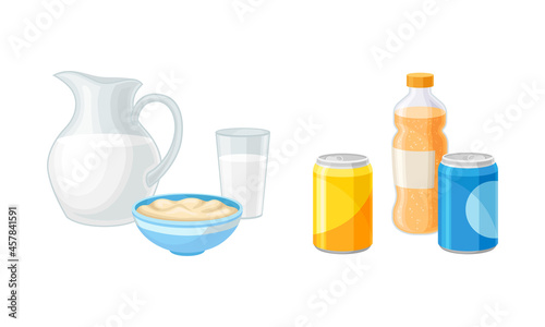 Dairy Product and Sparkling Soda Water in Can and Bottle as Healthy and Harmful Food Vector Set