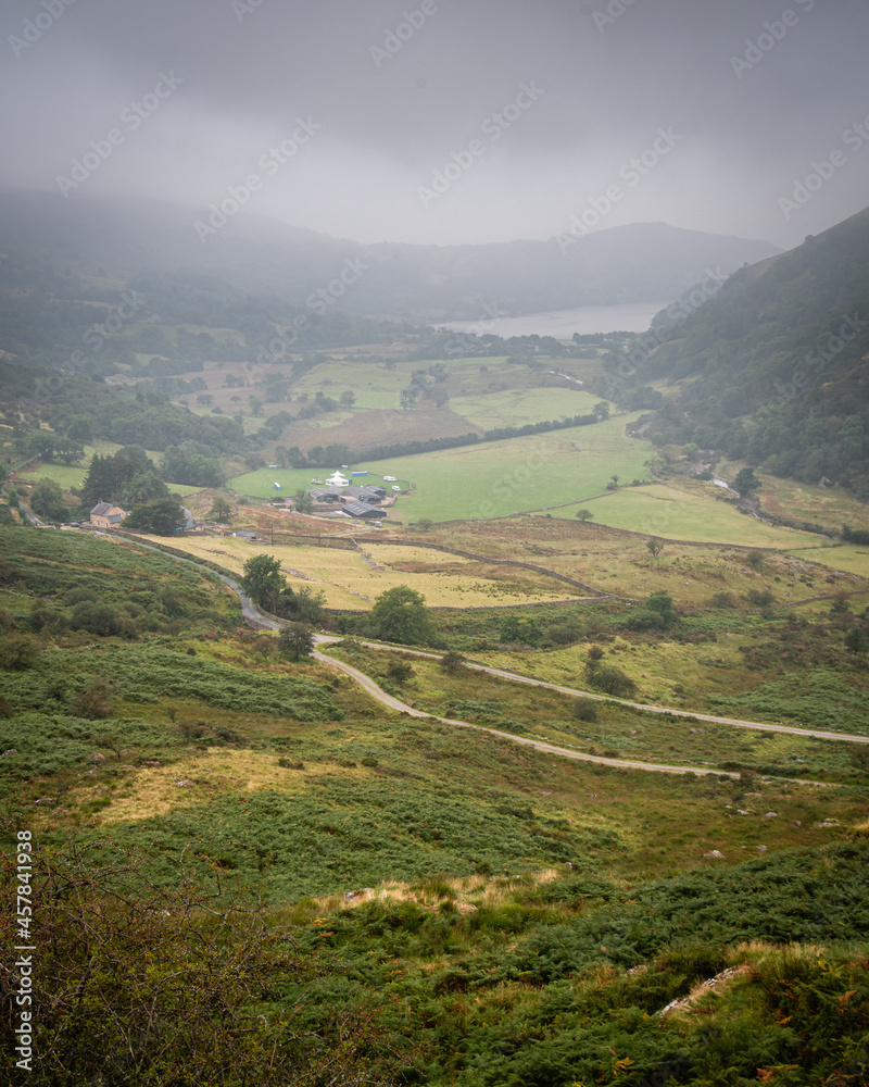 View down the valley in North Wales, Snowdonia near the village of Beddgelert 