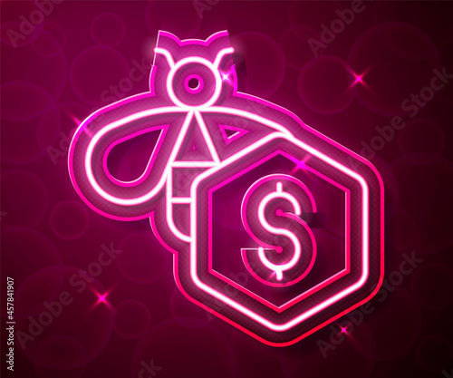 Glowing neon line Sale of bees icon isolated on red background. Sweet natural food. Honeybee or apis with wings symbol. Flying insect. Vector