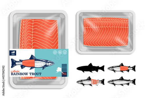 Vector rainbow trout packaging illustration with flat style seafood label and fish fillet. Trout fish illustrations and food tray mockup