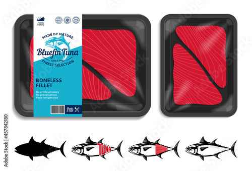 Vector tuna packaging illustration with flat style seafood label and fish steaks. Tuna fish illustrations and food tray mockup