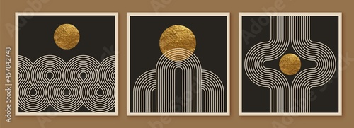 Abstract minimalist wall art composition in beige, black colors. Line waves, rainbow, arc. Golden circles.