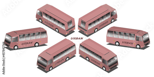 A set of 3D volumetric city minibuses with transparent glasses, in six projections