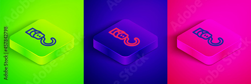 Isometric line Spring scale icon isolated on green, blue and pink background. Balance for weighing. Determination of weight. Square button. Vector