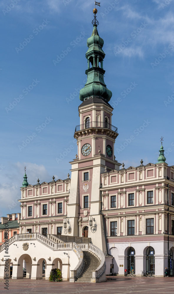 vertical view of the historic Town Hall in the Old Town city center of Zamosc