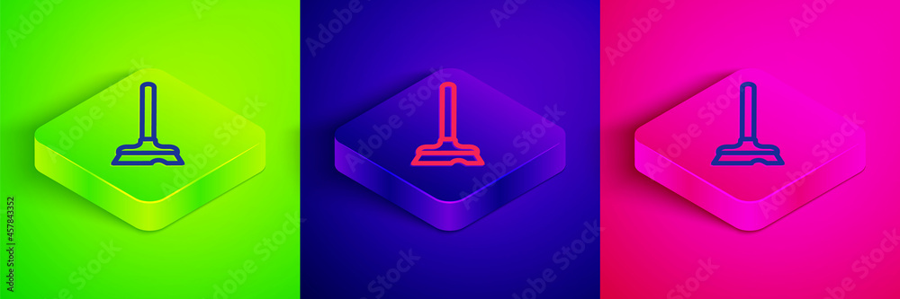 Isometric line Mop icon isolated on green, blue and pink background. Cleaning service concept. Square button. Vector Isometric line Mop icon isolated on green, blue and pink background. Cleaning service concept. Square button. Vector