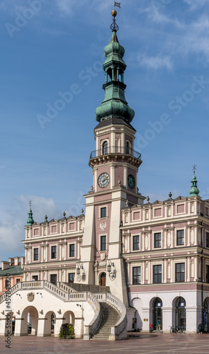 vertical view of the historic Town Hall in the Old Town city center of Zamosc