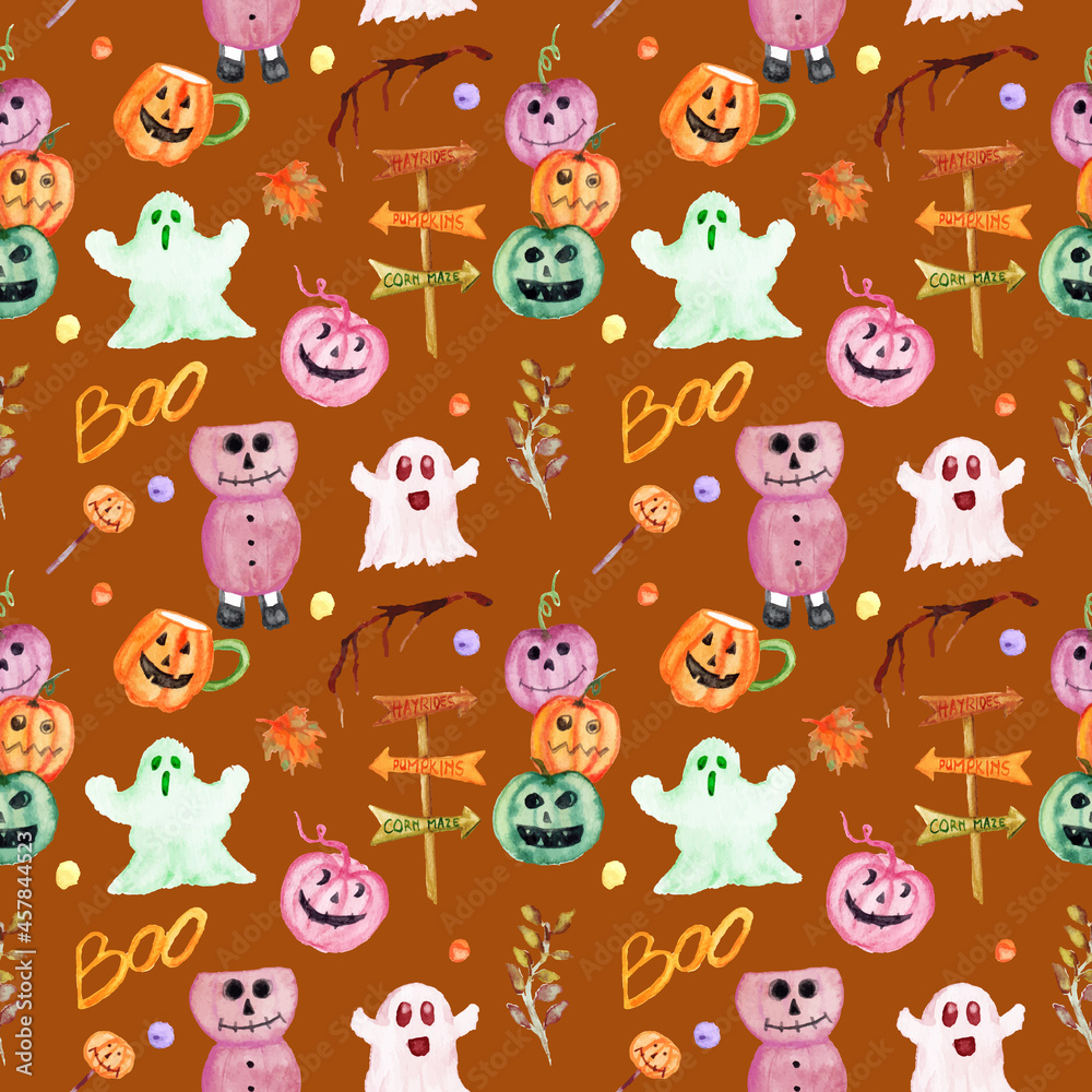 Obraz premium watercolor halloween pumpkin seamless pattern