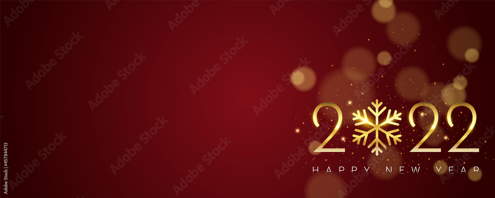 Luxury 2022 Happy New Year background. Blurry glitter particles on red background. Holiday vector illustration. Golden metallic numbers 2022 with shining snowflake and sparkling glitters.