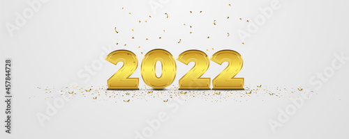 Elegance 2022 New Year banner with golden confetti on white background. Holiday vector illustration. Metallic 2022 gold numerals with crumbs strewn on the floor. Scattered confetti.