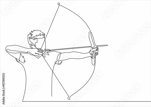 Concept of determinate business man with bow and arrow. Young entrepreneur success.One continuous single drawing line
