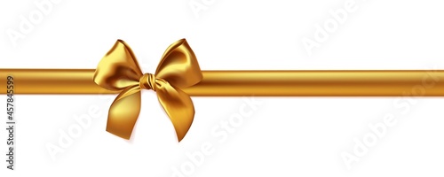 Realistic gold bow and ribbon isolated on whive background.