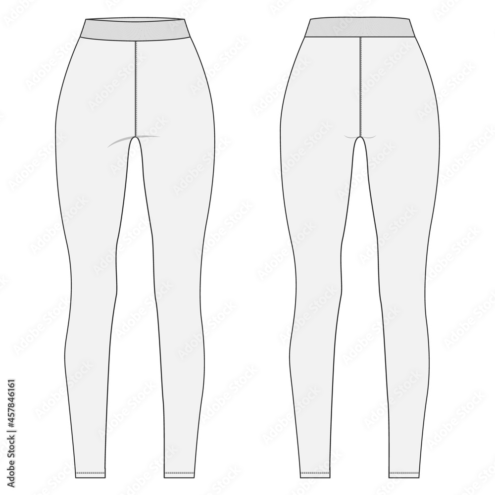 Slim fit Leggings pants fashion flat sketch vector illustration template  front, back view isolated on white background. Girls Long Legging mock up  for Women's unisex CAD. Stock Vector