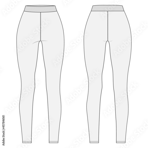 Slim fit Leggings pants fashion flat sketch vector illustration template front, back view isolated on white background. Girls Long Legging mock up for Women's unisex CAD.