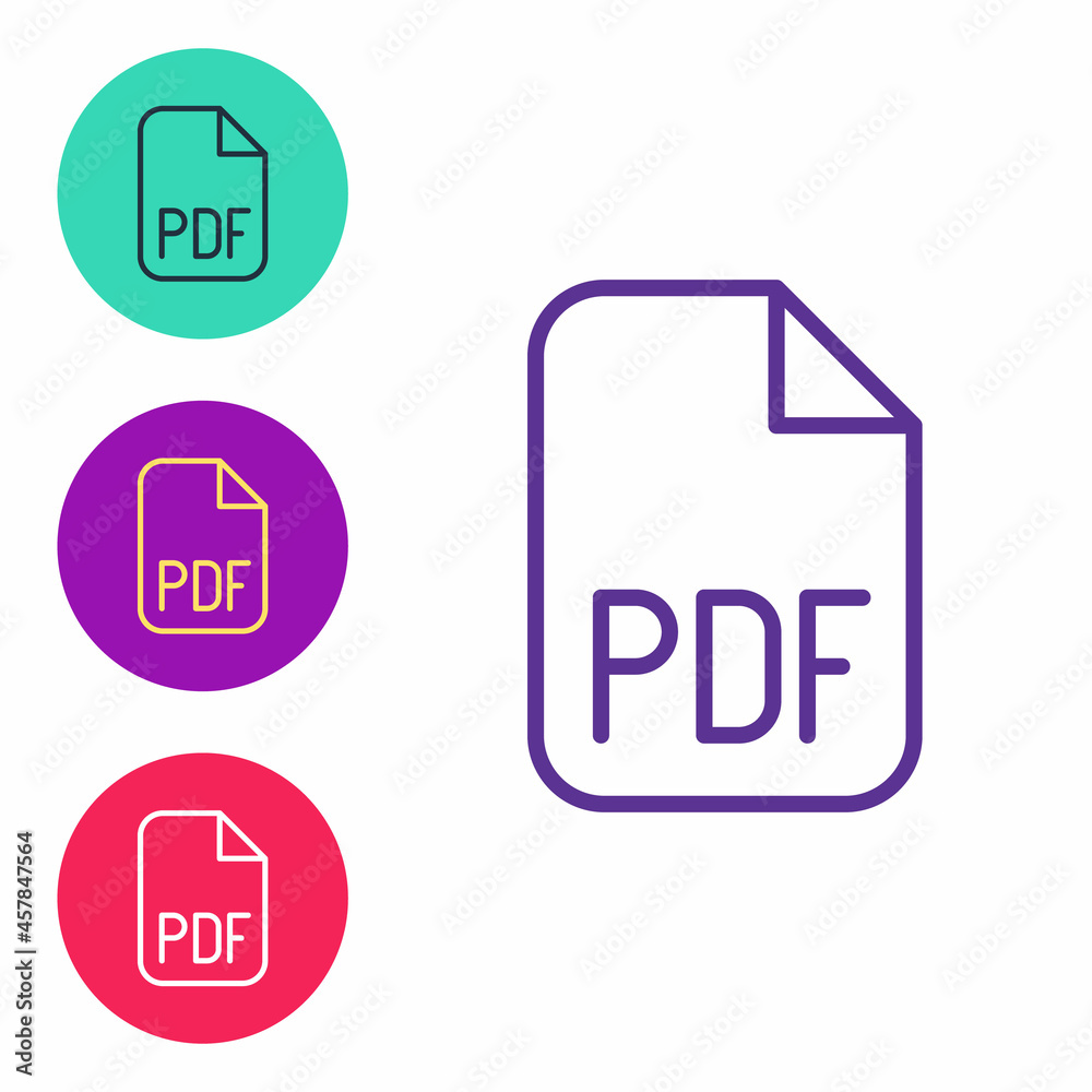 Set line PDF file document. Download pdf button icon isolated on white background. PDF file symbol. Set icons colorful. Vector Set line PDF file document. Download pdf button icon isolated on white background. PDF file symbol. Set icons colorful. Vector