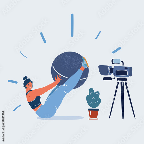 Vector illustration of Yoga and pilates influencer trainer shows how to train at home with no equipment. Does exercises with a ball