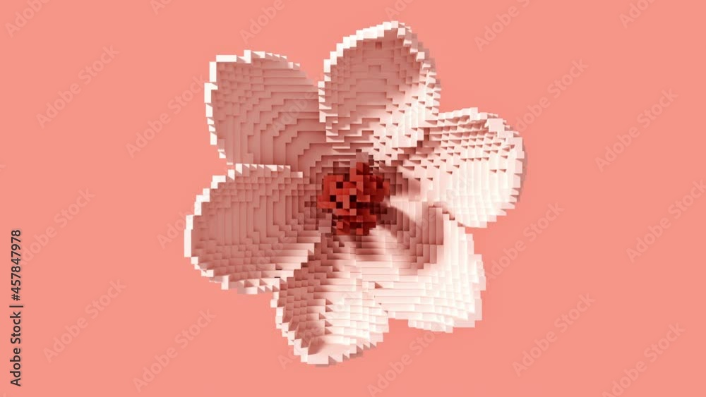 Transformation of a 3D pixel into a digital blooming flower. Seamless looped. NFT concept. 3D animation. 4K. 3840x2160.