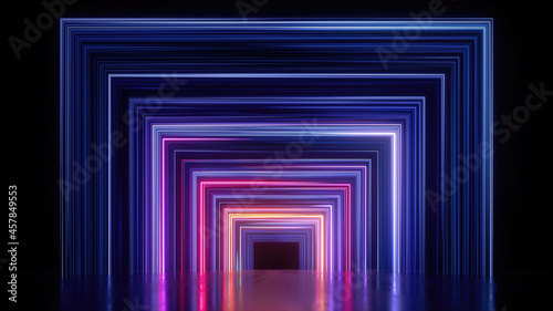 Fototapeta Naklejka Na Ścianę i Meble -  3d render, abstract panoramic background with neon lines glowing in ultraviolet spectrum. Empty virtual room, square frame