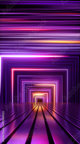 Fototapeta Naklejka Na Ścianę i Meble -  3d rendering, abstract ultraviolet background, square shape with glowing neon lines, vertical geometric wallpaper