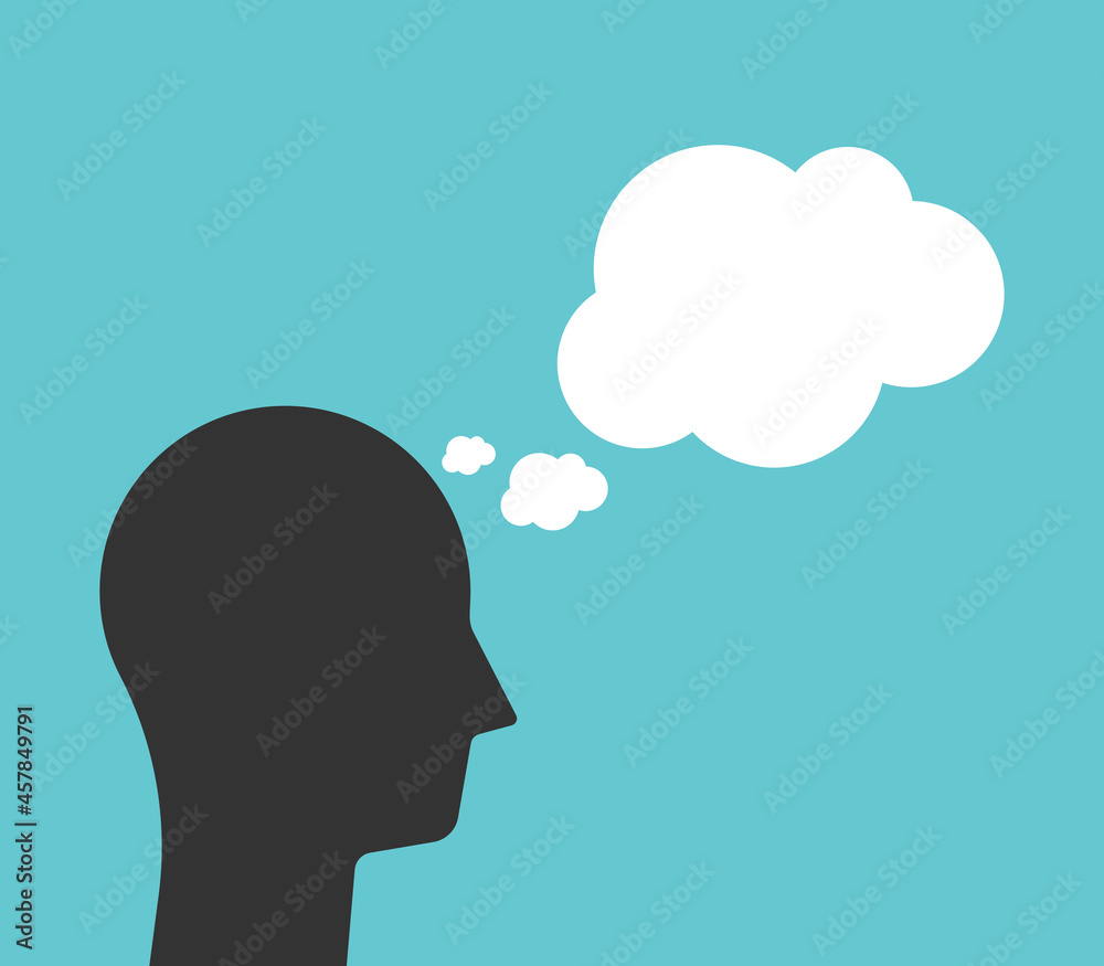 Head silhouette with speech bubble thinking. Dream, mind, imagination, idea and communication concept. Flat design. EPS 8 vector illustration, no transparency, no gradients Head silhouette with speech bubble thinking. Dream, mind, imagination, idea and communication concept. Flat design. EPS 8 vector illustration, no transparency, no gradients