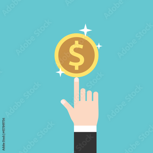 Hand, finger, dollar coin. Wealth, investment, idea, startup, insight, profit, abundance and entrepreneurship concept. Flat design. EPS 8 vector illustration, no transparency, no gradients © inimalGraphic