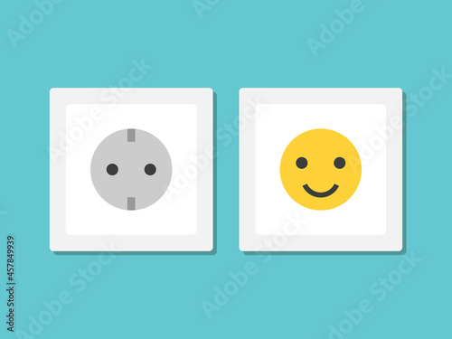 Positive smiling power plug socket and ordinary one. Optimism, joy, inspiration, attitude, motivation, mood and energy concept. Flat design. EPS 8 vector illustration, no transparency, no gradients