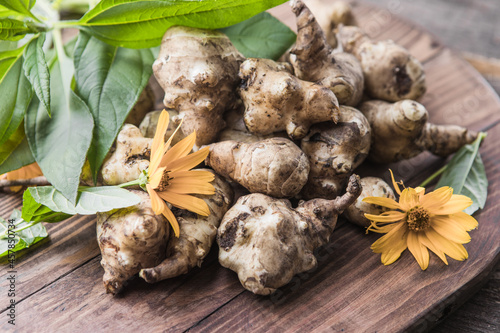 Jerusalem artichoke tubers. Freshly harvested roots of Helianthus tuberosus, also known as sunroot, sunchoke, earth apple, topinambur or lambchoke. Used as a root vegetable. photo