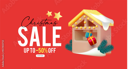Christmas 3D sale poster template with market stall, gift boxes and fir tree branches. Season offer and shopping design.