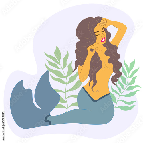 beautiful curly-haired mermaid poses sitting on the seabed, behind the algae. fairy-tale character. Vector illustration in a modern style. Cute mermaid for textiles, bags, cups, books. 