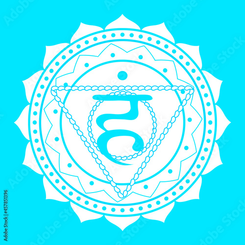 Line drawing.The fifth chakra of Vishudha. Throat chakra with Hindu Sanskrit. Blue is a flat symbol of meditation, yoga. illustration photo