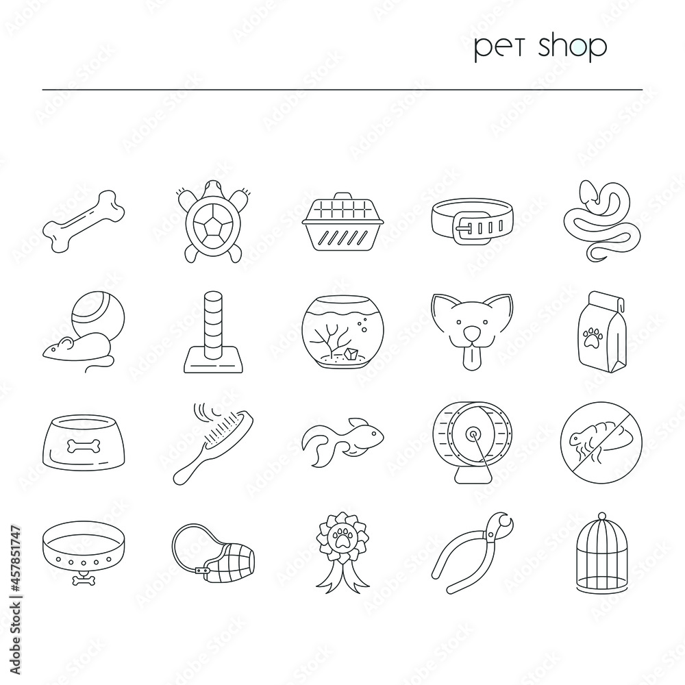 Pet shop icons isolated. Collection of thin line symbols of pets and equipment