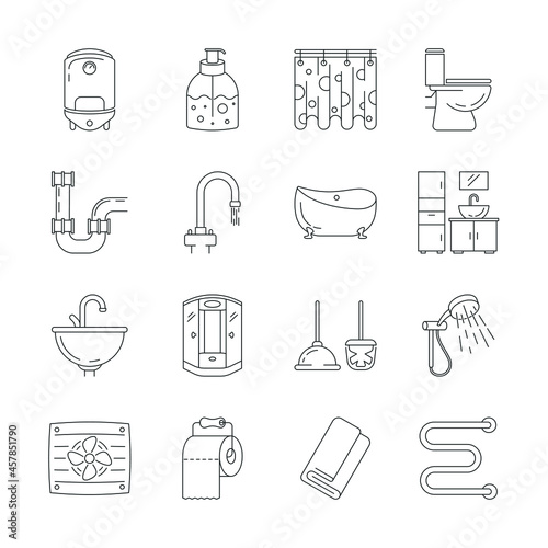 Collection of thin line symbols of bathroom