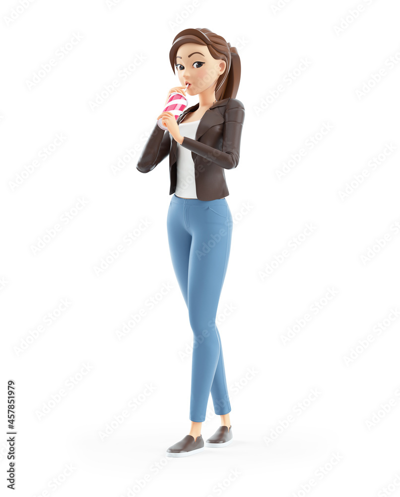 3d cartoon woman walking and drinking soda