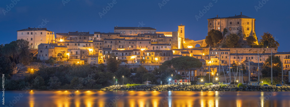 panoramic view to city Capodimonte in golden street lights with copy space