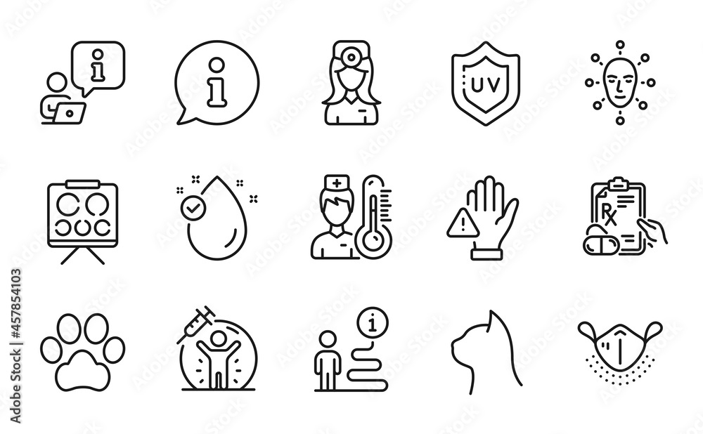 Healthcare icons set. Included icon as Dog paw, Prescription drugs, Dont touch signs. Vision board, Pets care, Oculist doctor symbols. Face biometrics, Vitamin e, Thermometer. Medical mask. Vector Healthcare icons set. Included icon as Dog paw, Prescription drugs, Dont touch signs. Vision board, Pets care, Oculist doctor symbols. Face biometrics, Vitamin e, Thermometer. Medical mask. Vector